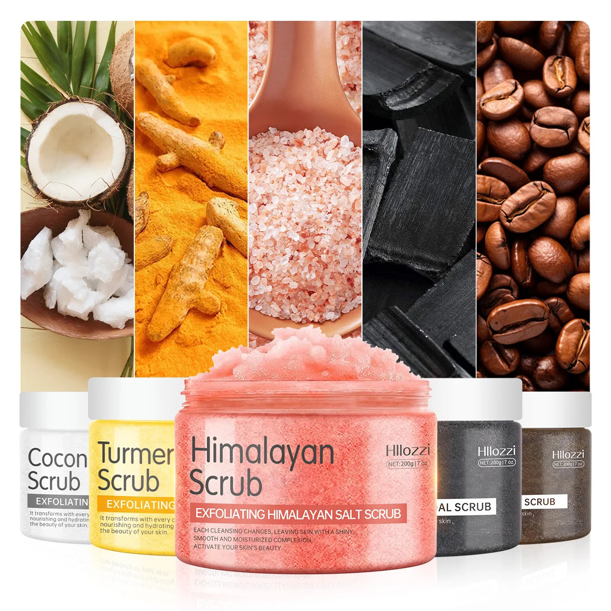 200g/7oz Himalayan salt, coffee, coconut, turmeric, bamboo charcoal scrub, cleansing, whitening, exfoliation. Use in the bath